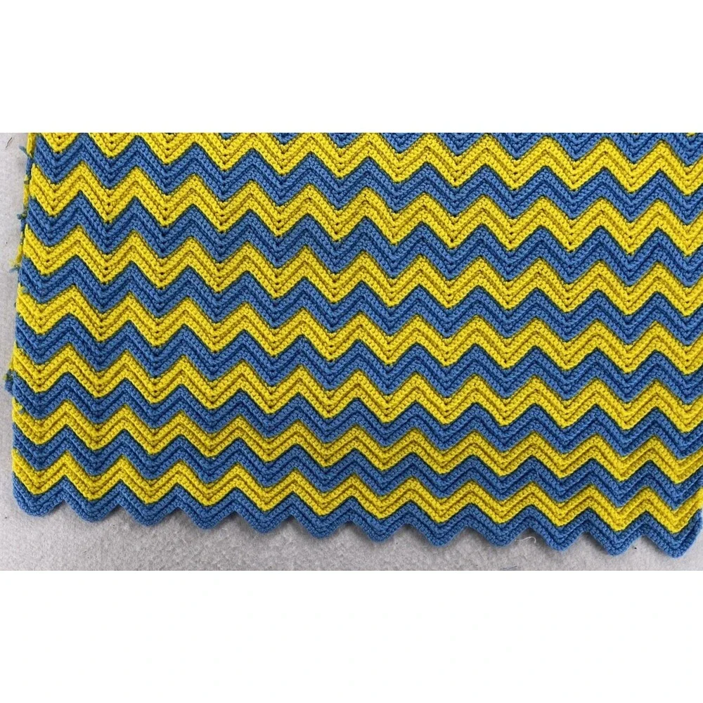Vintage Chevron Crochet Afghan Blanket Yellow Blue Zig Zag 36x75 Throw Handmade